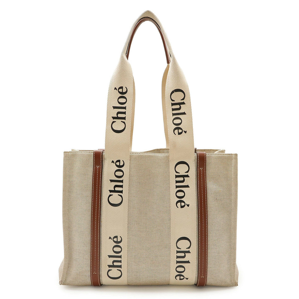 Chloe Woody Tote Bag Shoulder Canvas Leather Beige Cream Brown
